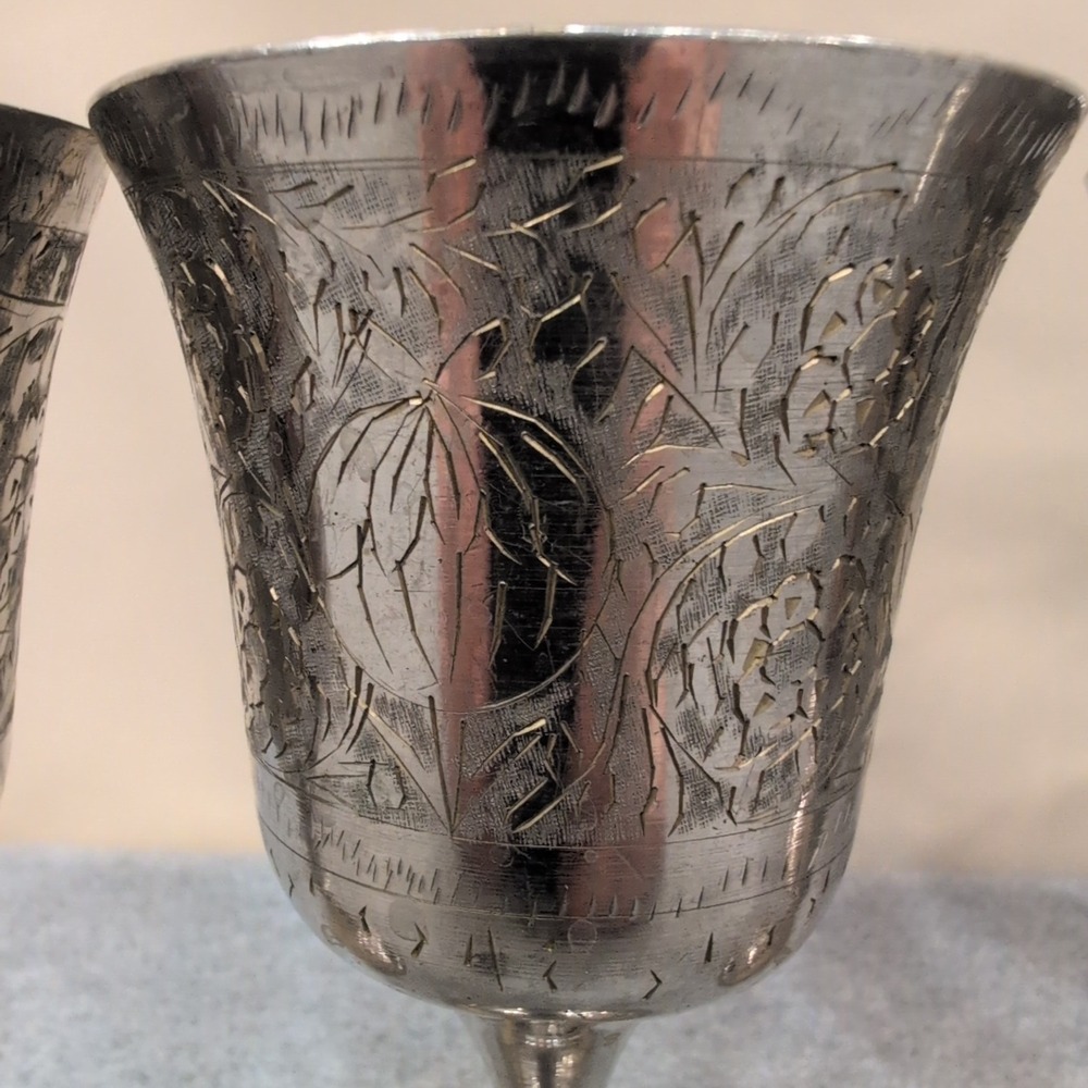 World Gift India Silver Tone Etched Floral Goblets Chalice Set of 6 NA306 - Picture 3 of 11
